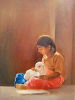 Girl With Goat - Oil On Canvas Paintings - By Chirag Chauhan, Reyalistik Painting Artist