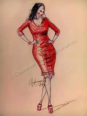 Drawing - Lady In Red - Pen On Paper