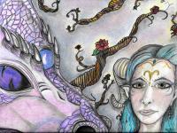 Dragon And Elf Princess - Paper Pencil Color Pencils Cha Drawings - By Michele Lovaglio-Watson, Freehand Drawing Artist