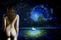 Les Yeux De La Nuit - Acrylicbois Paintings - By Aldehy Phil, Symbolism Painting Artist