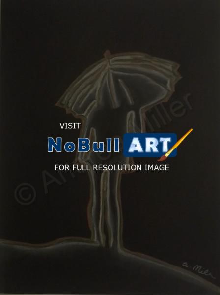 In Silhouette - Umbrella Lady - Charcoal Colored Pencil
