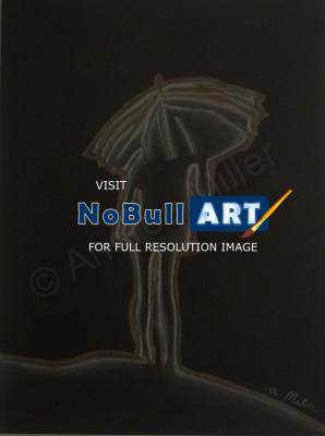 In Silhouette - Umbrella Lady - Charcoal Colored Pencil