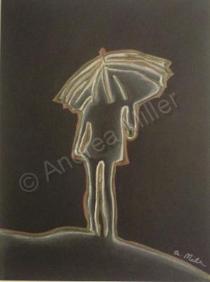 In Silhouette - Umbrella Lady - Charcoal Colored Pencil