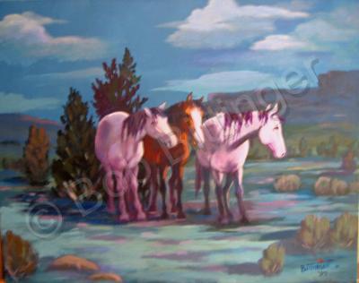 Mustangs - Moonlight Mustangs - Acrylic On Canvas