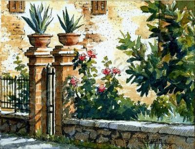 Ink With Wc Wash - Italian Courtyard Gate - Watercolor And Ink