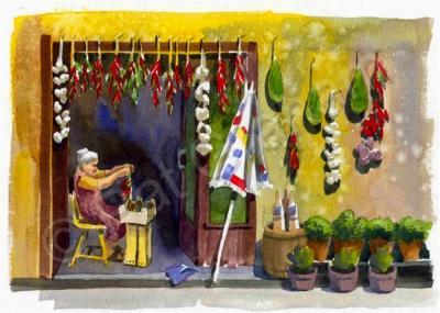 Scenic - Stringing Peppers - Watercolor