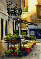 Venice Pizzeria - Watercolor And Ink Paintings - By Pat Graham, Line Drawing Painting Artist