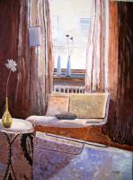 Couch  Curtains - Acrylic On Canvas Paintings - By Rolando Lambiase, Impressionism Painting Artist