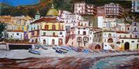 Cetara Amalfi Coast Italy - Acrylic On Ceramic Tile Paintings - By Rolando Lambiase, Impressionism Painting Artist