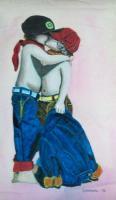 Colour Indian Ink Painting - Boy And Girl In Jeans - Colour Indian Ink