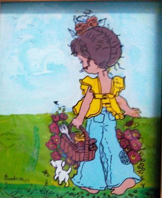 Reverse Glass Painting - Girl With Basket - Black Indian Ink And Pen