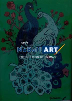 Reverse Glass Painting - Two Peacocks - Enamel Painting