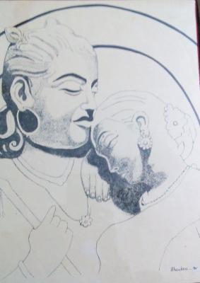 Original Art Work - Indian Sculpture In Black Pen Dot Work - Pen Dot Work