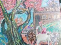 Tamilnadu Traditonal Village Bullocarts - Oil Pastel Paintings - By R Shankari Saravana Kumar, Oil Pastel Painting Artist