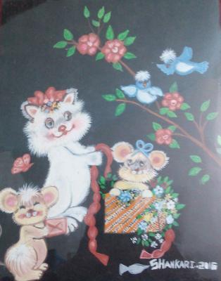 Black Sheet Work - Pussy Cat Family - Water Colour