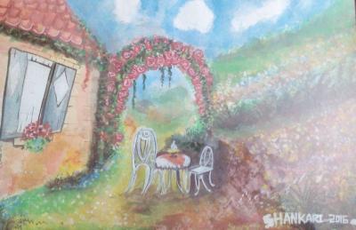 Water Colour Painting - Landscape Painting Of House With Garden - Water Colour