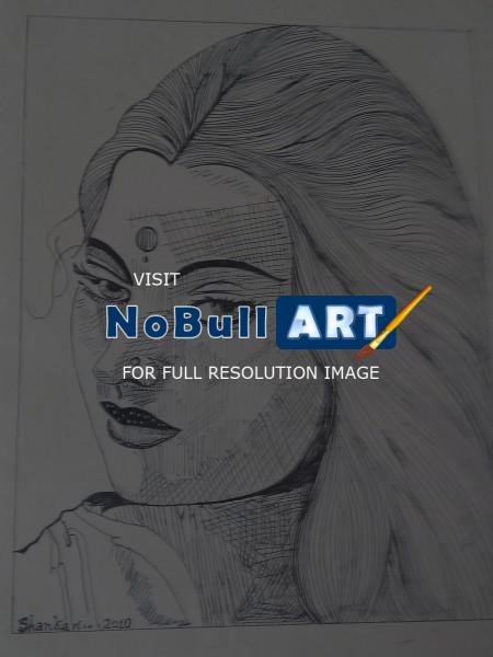 Indian Ink Line Art - Lady Face - Black Pen Line Art