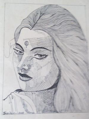 Indian Ink Line Art - Lady Face - Black Pen Line Art