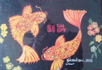 Water Colour Painting - Fenghsui Lucky Fishes - Water Colour