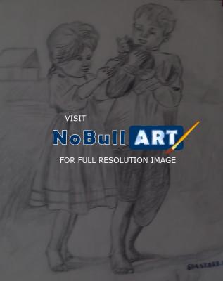 Charcoal Pencil Line Art - Boy And Girl With Kitten - Charcoal Pencil