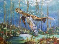 Green Sea Turtle In Shallows - Acrylic On Canvas Paintings - By Joseph Cardinal, Impressionist Painting Artist