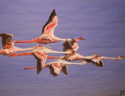 Ornithological Impressionism - Flying Flamingos - Watercolor