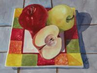 Two And One Half Apples - Watercolor Paintings - By Freddie Combs, Realistic Painting Artist