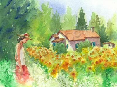 Figurative - A Walk Among Sunflowers - Watercolor