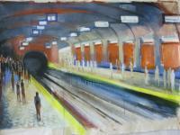 Montreal Metro Station - Acrylic Paint On Canvas Paintings - By Ursula Oberholzer-Zerges, Figurative Painting Artist