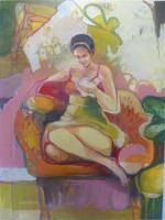 Girl With Phone - Oil On Canvas Paintings - By Ursula Oberholzer-Zerges, Figurative Painting Artist