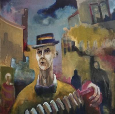 Circus - Clown With Accordeon - Oil On Canvas