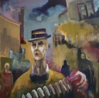 Clown With Accordeon - Oil On Canvas Paintings - By Ursula Oberholzer-Zerges, Painting-Collage Painting Artist