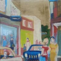 St-Henri Shopping - Acrylic On Wood Panel Paintings - By Ursula Oberholzer-Zerges, Painting-Collage Painting Artist