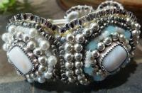 Mother Of Pearl And Silver Soft Cuff - Assorted Beads Jewelry - By Donna Mace, Bead Embroidery Jewelry Artist