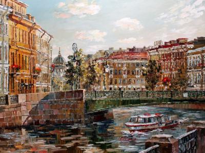 Cityscape - St Petersburg The Fonarny Bridge - Oil On Canvas