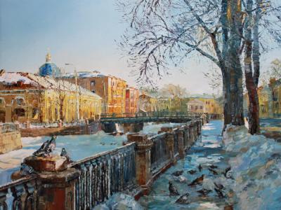 Cityscape - Kryukov Canal In March - Oil On Canvas