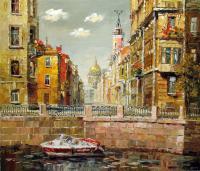 St Petersburg View Across Fontanka River - Oil On Canvas Paintings - By Artemis Artists Association, Impressionism Painting Artist