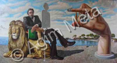 Agim Meta - Doctor Adhamudhi And The Big Hand With Small People - Oil On Canvas 264X144 Cm 2007