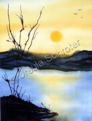 Landscape - Sunset At Lake Hodges - Silk Painting