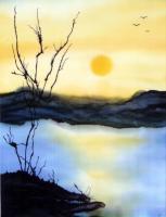 Sunset At Lake Hodges - Silk Painting Paintings - By Ursula Schroter, Dyes On Silk Painting Artist