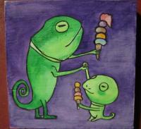 Ice Cream 11-Lizard - Watercolor On Plywood Paintings - By Louise Hung, Caricature Painting Artist