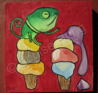 Ice Cream - Ice Cream 13-Lizard - Watercolor On Plywood