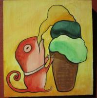 Ice Cream 14-Lizard - Watercolor On Plywood Paintings - By Louise Hung, Caricature Painting Artist