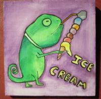 Ice Cream 17-Lizard - Watercolor On Plywood Paintings - By Louise Hung, Caricature Painting Artist