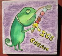 Ice Cream 18-Lizard - Watercolor On Plywood Paintings - By Louise Hung, Caricature Painting Artist