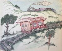 Little Lost Caboose - Color Pencil  Paper Drawings - By Alexander Drumm, Fantacy Surreal Drawing Artist