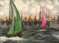 Sailing By A City - Watercolor Paintings - By Artistry By Ajanta, Seascape Painting Artist