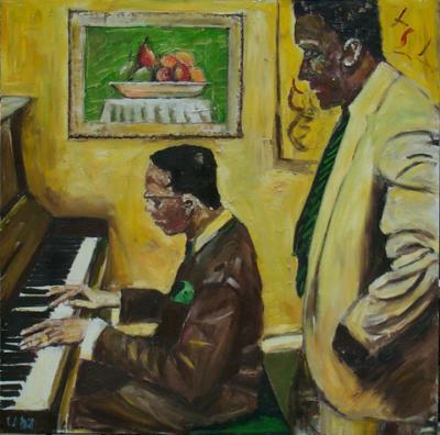 Jazz Blues Music - Piano Player And A Man - Oil On Canvas