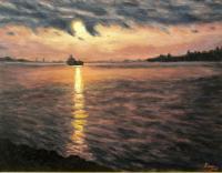 Seascape - Passing Freighter - New Orleans - Oil On Canvas