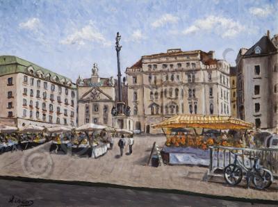 Cityscape - Saturday Flower Market In Vienna - Oil On Linen